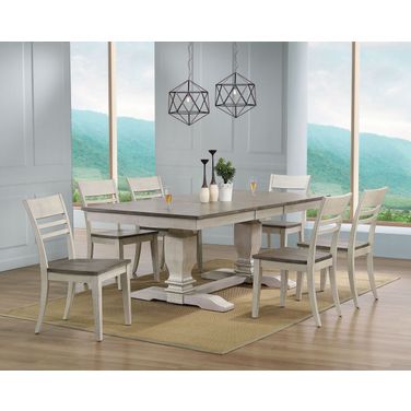 Double Pedestal Transitional Ladder Back 7-Piece Set In Ash and Stormy White