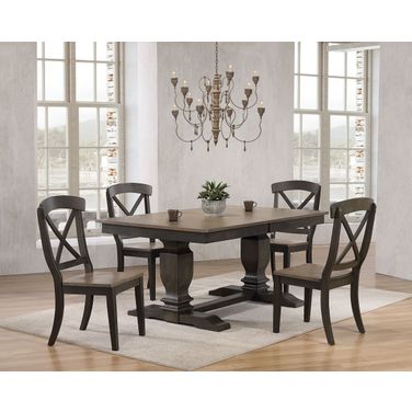 Double Pedestal Transitional X-Back 5-Piece Dining Set In Grey Stone and Black Stone