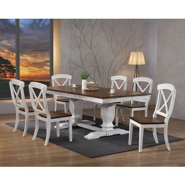 Double Pedestal Transitional X-Back 7-Piece Dining Set In Cocoa Brown and Cotton White
