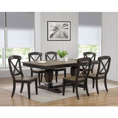 Double Pedestal Transitional X-Back 7-Piece Dining Set In Grey Stone and Black Stone