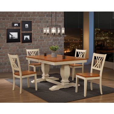 Double Transitional Pedestal Double X-Back 5-Piece Dining Set In Caramel and Biscotti