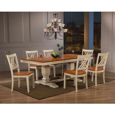 Double Transitional Pedestal Double X-Back 7-Piece Dining Set In Caramel and Biscotti