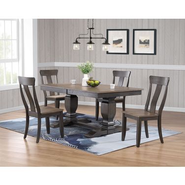 Double Transitional Pedestal In Panel Back 5-Piece Dining Set In Grey Stone and Black Stone