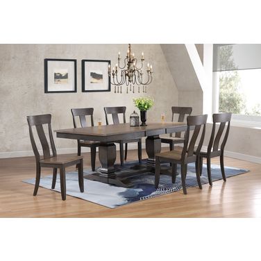Double Transitional Pedestal In Panel Back 7-Piece Dining Set In Grey Stone and Black Stone