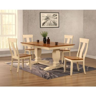 Double Transitional Pedestal Panel Back 5-Piece Dining Set In Caramel Biscotti