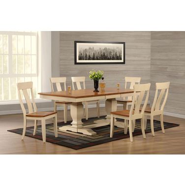 Double Transitional Pedestal Panel Back 7-Piece Dining Set In Caramel Biscotti