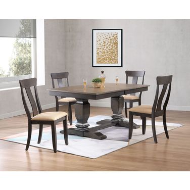 Double Transitional Pedestal Upholstered Panel Back 5-Piece Dining Set In Grey Stone and Black Stone