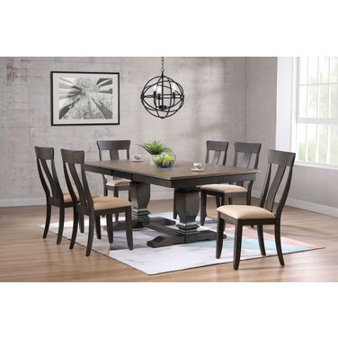 Double Transitional Pedestal Upholstered Panel Back 7-Piece Dining Set In Grey Stone and Black Stone