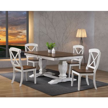 Double Transitional Pedestal X-Back 5-Piece Dining Set In Cocoa Brown and Cotton White