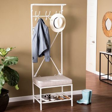 Dovanti Entryway Hall Tree Bench With Storage In Distressed White