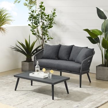 Dover 2 Piece Outdoor Loveseat Patio Furniture Set In Charcoal and Matte Black