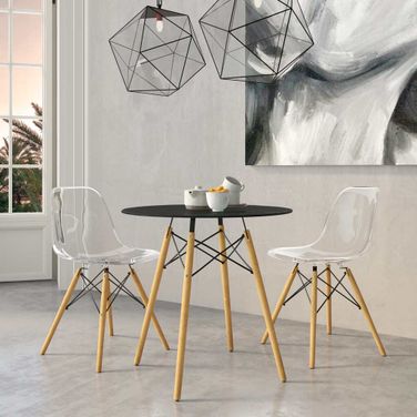 Dover 3-Piece Dining Set with Round Black Mdf Top Bistro Table and 2 Plastic Chairs In Clear