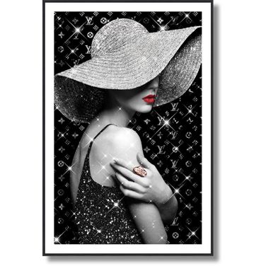 Dramatic Glamorous Woman with Hat in Glitter Art Wall Art In Black and Silver
