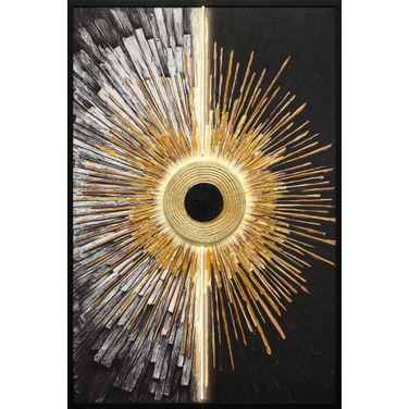 Dramatic Solar Divide I - 48" x 33" - Hand-Embellished LED Canvas In Black/Gold/White