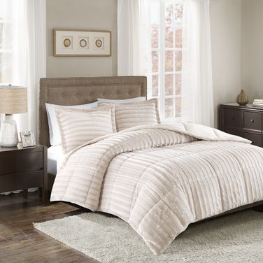 Duke Polyester Solid Brushed Faux Fur 3 Piece Queen Comforter Mini Set In Champagne