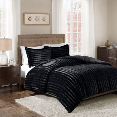 Duke Faux Fur 3 Piece Comforter Mini Set In Black