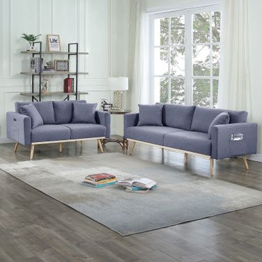 Easton Dark Gray Linen Fabric Sofa Loveseat Living Room Set With Usb Charging Ports Pockets And Pillows