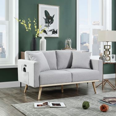 Easton Light Gray Linen Fabric Loveseat With Usb Charging Ports Pockets And Pillows