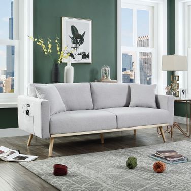 Easton Light Gray Linen Fabric Sofa With Usb Charging Ports Pockets And Pillows