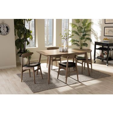 Edna Mid-Century Modern French Black Faux Leather And Oak Light Brown Finishing Wood 5-Piece Dining Set