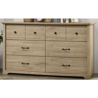 Elara 57 Inch 6-Drawer Dresser with Black Handles In Light Oak