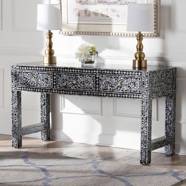 Elara Mother of Pearl Capiz Shell 3-Drawer Console Table In Black and White