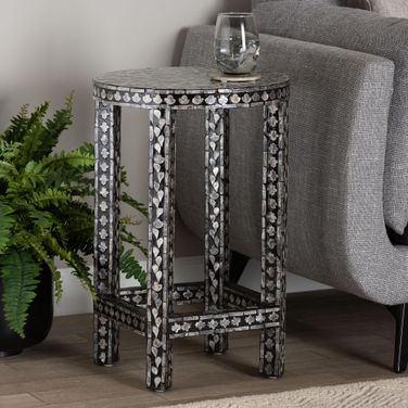 Elara Mother of Pearl Capiz Shell End Table In Black and White