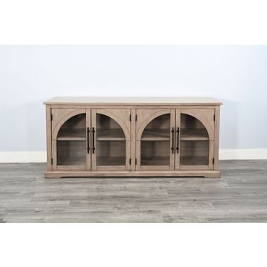 Elena Modern Wood Display Cabinet with Arched Glass Doors In Hazelnut