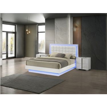 Elma Floating Platform Bedroom Set with Blue Led Lighting In White Lacquer