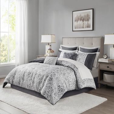 Emilia 12 Piece Jacquard King Comforter Set with Bed Sheets In Silver