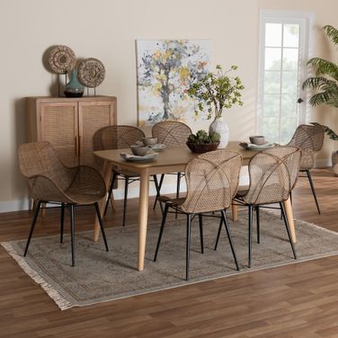 Emmali Rattan and Wood 7 Piece Dining Set In Grey and Natural Brown