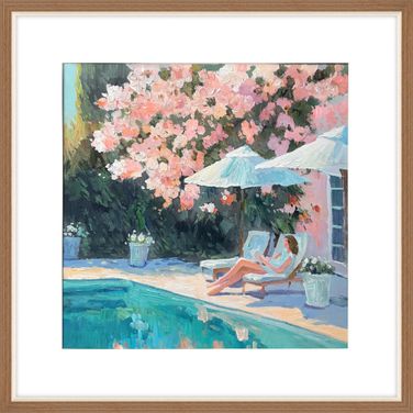 Enchanting Poolside Blossom I - 32" x 32" - Hand-Embellished Print In Natural and White