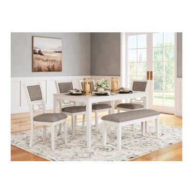 Erinberg Dining Table and 4 Chairs and Bench Set of 6 In Antique White