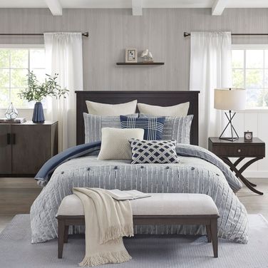 Essence Oversized Cotton Clipped Jacquard 9 Piece King Comforter Set with Euro Shams and Throw Pillows In Blue