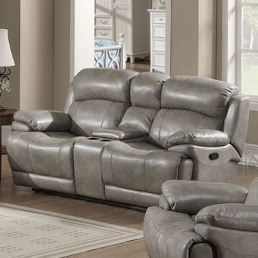 Estella Leather Recliner Loveseat with Storage Console and Cup Holders In Grey