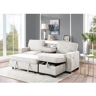 Estelle 86.5 Inch Fabric Reversible Sleeper Sectional with Storage Chaise In Beige