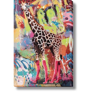 Expressive Urban Safari Giraffe in Heels Canvas Wall Art In Pink