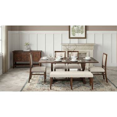 Fairview 78 Inch 6 Piece Upholstered Dining Set with Bench In Oak