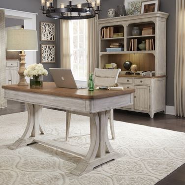 Farmhouse Reimagined 3 Piece Desk and Hutch Set In Antique White With Chestnut Top