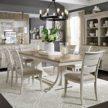 Farmhouse Reimagined Antique White Extendable Trestle Dining Room Set