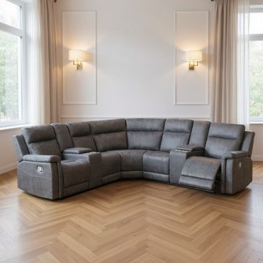 Faux Leather Reclining Curved Corner Sectional with Console In Gray