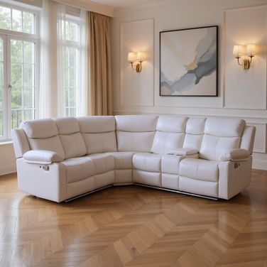 Faux Leather Reclining Curved Six Piece Sectional with LED and Console In Off White
