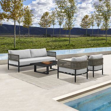 Felicia 4-Piece Outdoor Black Aluminum and Rope Conversation Set with Light Gray Fabric Cushions