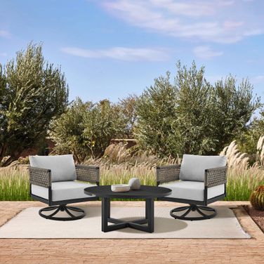 Felicia and Argiope 3-Piece Patio Outdoor Swivel Seating Set In Black Aluminum with Gray Rope and Cushions