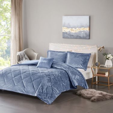 Felicia Velvet Duvet 4 Piece Full/Queen Cover Set with Throw Pillow In Blue