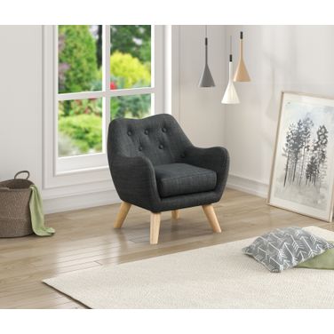 Fenix 19.5 Inch Linen Kids Chair with Button Tufted Back and Wooden Legs In Gray