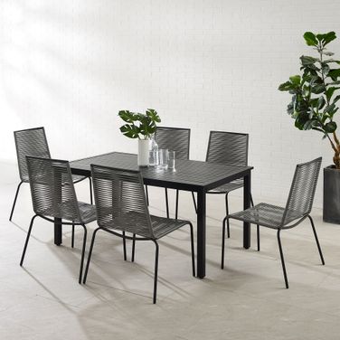 Fenton 7 Piece Wicker Outdoor Dining Set In Gray and Matte Black