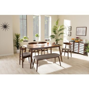 Flora Mid-Century Modern Light Grey Fabric And Oak Medium Brown Finishing Wood 6-Piece Dining Set