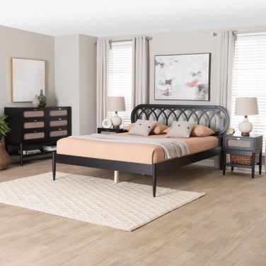 Florica Wood Queen 4-Piece Bedroom Set with Two Nightstands In Black and Beige