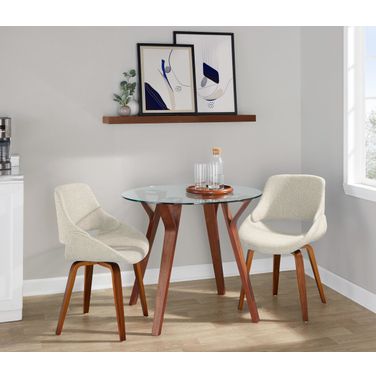 Folia Round Fabrico Dining Set with Round Glass Tabletop In Cream and Walnut